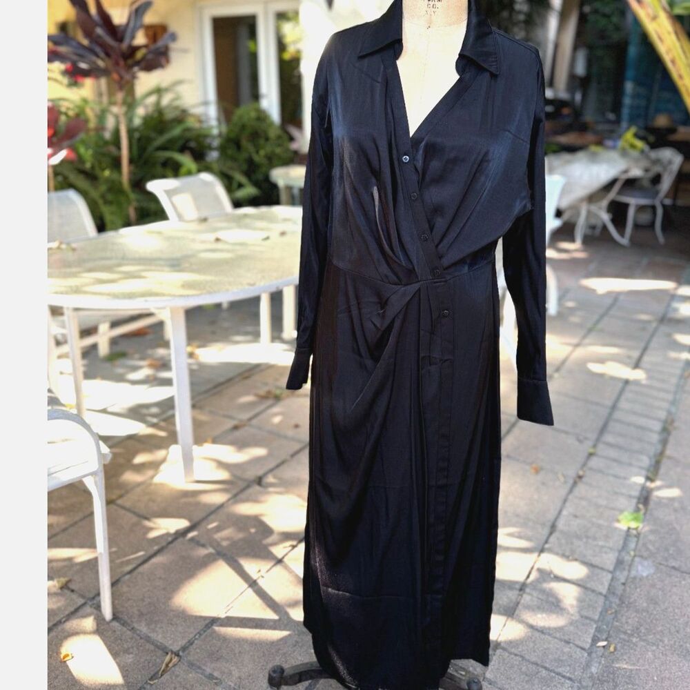 NWT H&M Black Poly Viscose Draped Faux Wrap LS Button Down Midi Shirt Dress SZ M